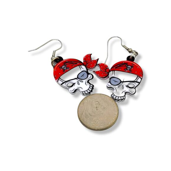 Acrylic Multi-Color Pirate Skull Drop Dangle Pierced Earrings - Picture 4 of 4